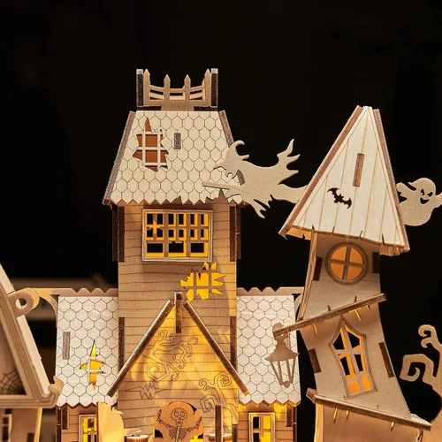 Miniatura 5 de Rompecabezas de madera 3D para Halloween, incluye tira de luz, rompecabezas y rompecabezas para Halloween/cumpleaños, regalos para adultos