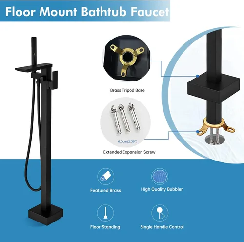 Miniatura 8 de RUMOSE Llenador de bañera negro mate, relleno de bañera independiente, grifo de bañera de montaje en cascada, grifo de bañera de latón de alto flujo