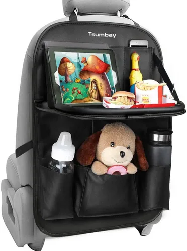 Tsumbay Organizador de asiento trasero de automóvil con soporte para tableta, 9 bolsillos de almacenamiento, bandeja de mesa plegable, protectores