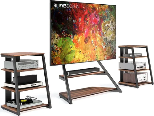 FITUEYES Soporte esquinero de TV de diseño para TV de 75 a 100 pulgadas con gabinete multimedia AV de 4 niveles, soporte de TV de piso con estantes