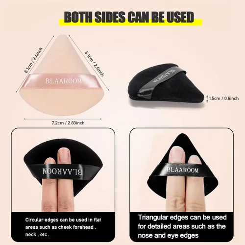 Miniatura 5 de 6 piezas de maquillaje facial de terciopelo suave triangular, para polvo suelto, polvo mineral, polvo corporal, base cosmética húmeda y seca, Negro