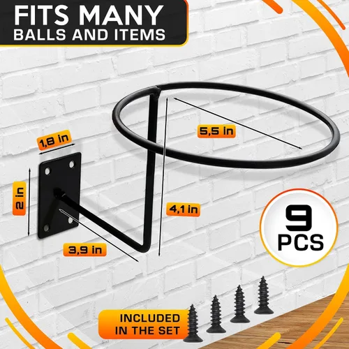 Miniatura 2 de Soporte de pared para baloncesto de 9 piezas, estante de almacenamiento de pelotas deportivas de metal negro y exhibición de pelotas