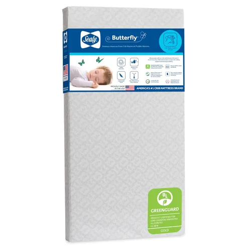 Miniatura 14 de Sealy Baby Colchón para cuna con diseño de mariposa y ajuste de cama infantil, espuma americana de primera calidad, lavable y fácil de limpiar, Raya