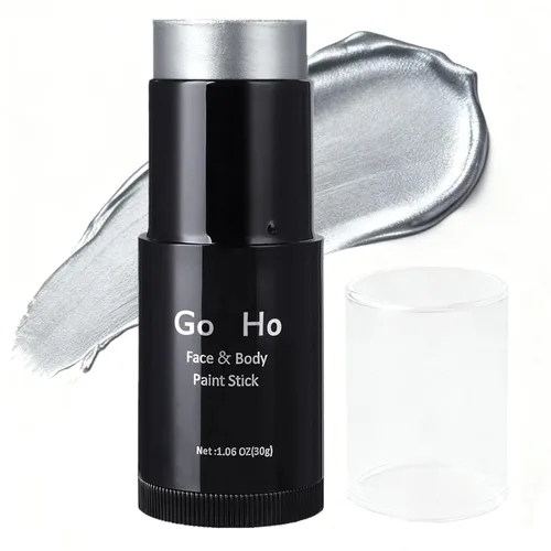 Go Ho Pintura facial plateada mezclable en crema (1.06 onzas), pintura facial corporal plateada metálica impermeable en barra para disfraces de Palo