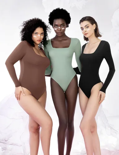 Miniatura 24 de PUMIEY Body sexy de manga larga con cuello cuadrado para mujer, colección Smoke Cloud