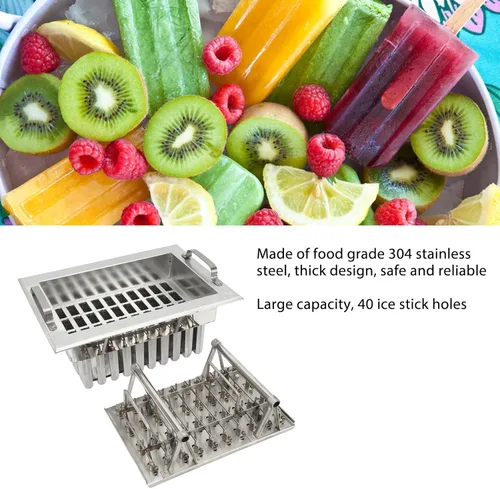 Miniatura 3 de Molde de metal para paletas, molde comercial para paletas, 40 agujeros para palitos de acero inoxidable con soporte, molde para paletas de hielo