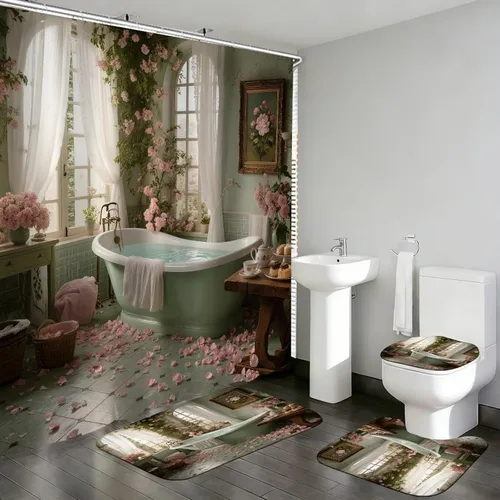 Miniatura 8 de DDQQ Juego de 4 cortinas de ducha sexy para mujer, con lazo de perlas, juego de decoración de baño de flores rojas a la moda, juego de cortinas