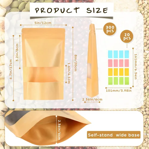 Miniatura 2 de Ctosree 300 bolsas de papel kraft con ventana de 5 x 8 pulgadas, bolsas de papel resellables con cremallera para almacenamiento de alimentos, bolsas