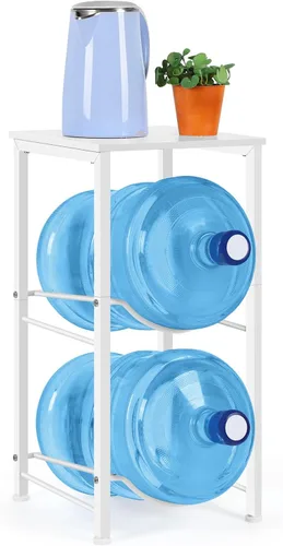 Miniatura 13 de Organizador para botellas de agua de 5 galones, soporte para jarra de agua con estantes superiores, estante de almacenamiento de jarra de 2 niveles