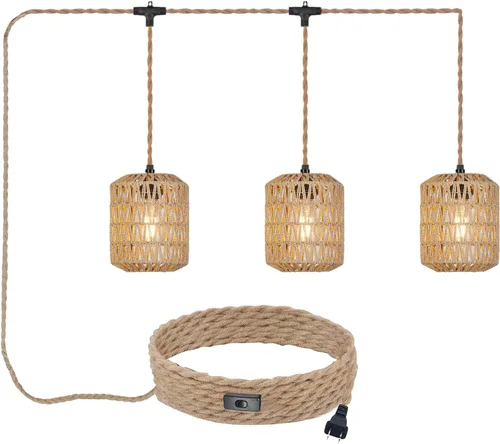 Miniatura 10 de Lámpara Colgante Enchufable con Bombilla LED de 6W Luz Cálida (3000K) Interruptor Regulable Linda Lámpara Colgante de Ratán Cable de 15 pies Tejida