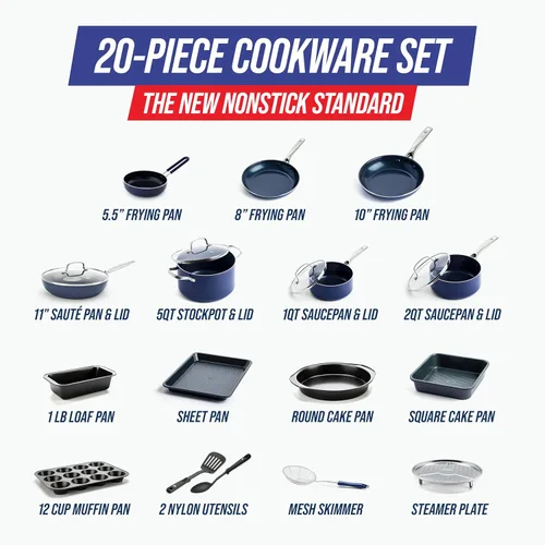 Miniatura 4 de Blue Diamond Juego de utensilios de cocina antiadherentes de 20 piezas, ollas y sartenes de cerámica de diamante, apto para lavavajillas