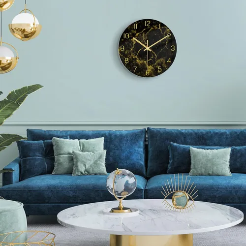 Miniatura 4 de VIKMARI Reloj moderno con textura de mármol negro, manecillas doradas, decoración de cocina, reloj de pared de 12 pulgadas, funciona con pilas, sin