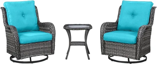 Miniatura 30 de HUMMUH Sillas Mecedoras Giratorias de Mimbre para Patio Exterior con Respaldo Alto, Sillas Deslizantes de Ratán PE, Juego de Muebles de Patio de 4