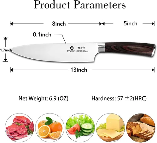 Miniatura 4 de Cuchillo de chef de 8 in de acero inoxidable de alto carbono ergonómico de Imarku. Marrón y Plateado
