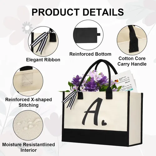 Miniatura 5 de shenee - Bolsa de lona con inicial, bolsa de yute personalizada para la playa, regalo de vacaciones para mujeres, cumpleaños de amigos, boda, año