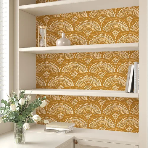 Miniatura 6 de VEELIKE Papel tapiz geométrico amarillo mostaza para despegar y pegar, papel tapiz geométrico bohemio, extraíble, de 17.7 x 118 pulgadas, apto