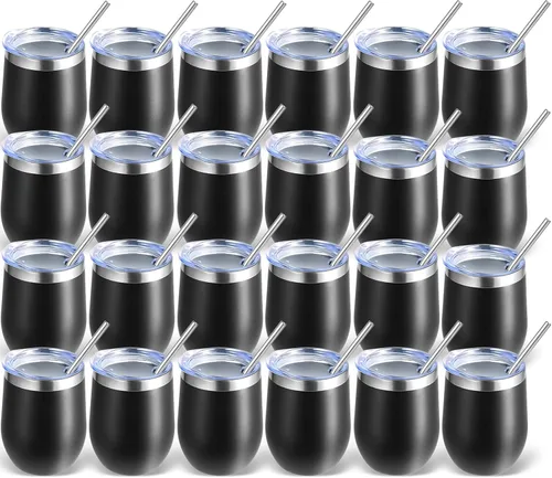 Miniatura 14 de Volhoply - Juego de 12 vasos de vino de 12 onzas con tapa, hechos de acero inoxidable con aislamiento al vacío de doble pared, vasos de vino sin Rosa