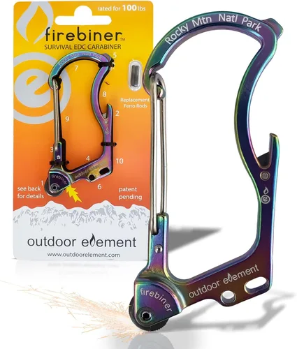 Miniatura 28 de OUTDOOR ELEMENT Firebiner Custom Engraved 6-in-1 Fire Starter Carabiner Multitool – Survival Gear EDC Keychain with Utility Blade, Bottle Opener