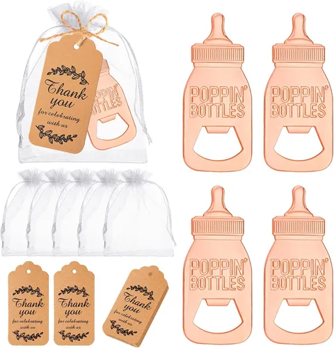 Miniatura 11 de 50 piezas de abrebotellas de huellas, recuerdos de baby shower para bebé invitado con llavero y bolsas de organza (dorado)