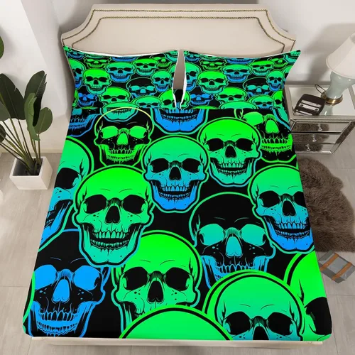 Miniatura 9 de Erosebridal Sábanas de calavera de azúcar, sábana bajera ajustable de Halloween, tamaño individual, ropa de cama de galaxia trippy morada, funda
