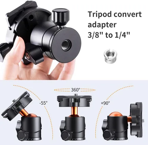 Miniatura 4 de K&F Concept Cabezal de bola de trípode de metal de 0.984 in, rotación de 360 grados, panorámica con placa de liberación rápida de 1/4 de pulgada