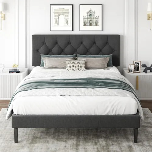 Miniatura 12 de CXVX Marco de cama de tamaño matrimonial con estructura de plataforma y cabecera tapizada, diseño con botones, listones de madera resistentes,