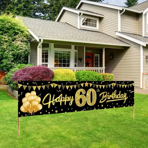 Cartel de feliz cumpleaños 60 para hombres y mujeres, letrero de cumpleaños número 60 negro y dorado, suministros de fiesta para patio, divertida