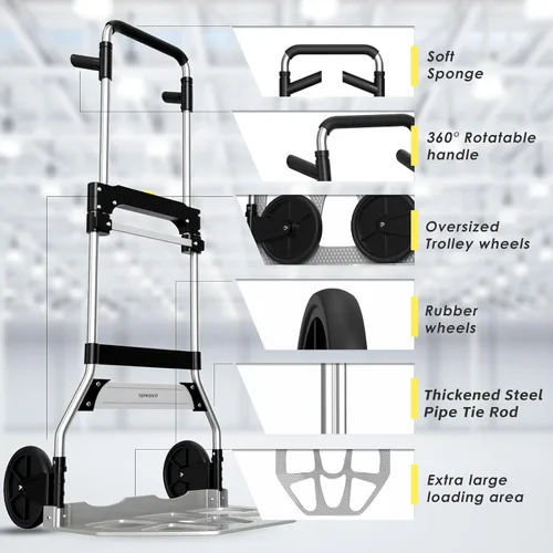 Miniatura 5 de Teprovo - Carretilla de mano plegable de 340 libras de capacidad, carrito portátil de aluminio con mango telescópico y ruedas de goma de 7 pulgadas