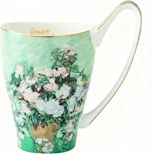 Miniatura 12 de Taza de café de porcelana de hueso YBK Tech, taza grande de 16oz de té - Diseño inspirado en las pinturas de Van Gogh (flor de albaricoque)