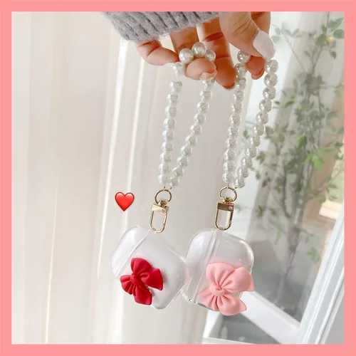 Miniatura 6 de Funda transparente compatible con AirPods 1 y 2, hermoso diseño de lazo colorido con pulsera de perlas de lujo, ultrafina, funda protectora de RosaA