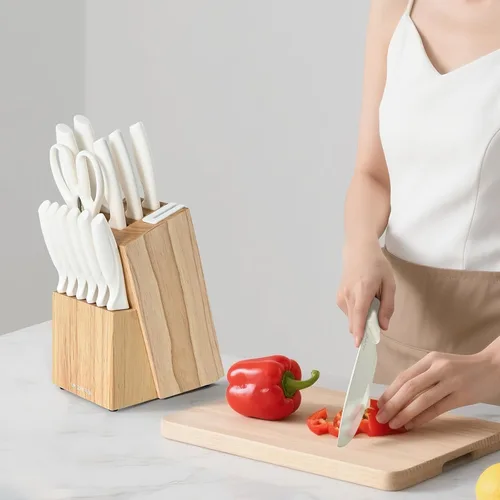 Miniatura 6 de Juego de cuchillos de 15 piezas, juego de bloques de cuchillos de cocina, juego de cuchillos de acero inoxidable blanco con afilador para picar