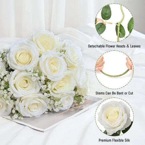 Miniatura 2 de Waipfaru 20 rosas blancas falsas de aliento de bebé, flores artificiales a granel, rosa blanca de seda con tallos largos para ramo de boda, jarrón