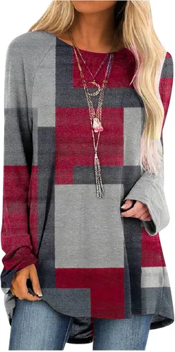 Túnicas o tops para mujer para llevar con leggings, manga larga, ajuste holgado, ropa de otoño, cuello redondo, degradado, cómodas, blusas 05 Rojo
