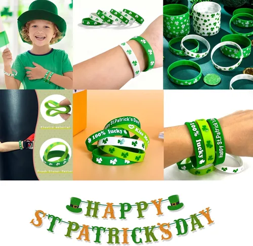 Miniatura 8 de Juego de 156 accesorios para el día de San Patricio, vasos de trébol de 6.8 pulgadas, collares de cuentas de 34 pulgadas, pulseras de goma, monedas