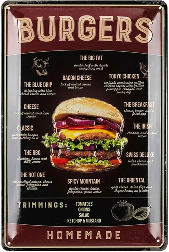 LANOLU Letrero de hojalata vintage – Letrero retro de hamburguesa de restaurante, arte de pared BBQ, decoración de restaurante, 12x8"