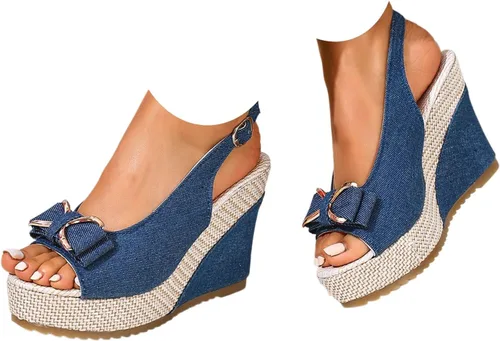 Sandalias de cuña de mezclilla para mujer 2026 con puntera abierta, alpargatas con lazo, zapatos casuales de playa de verano para viajes, fiestas,