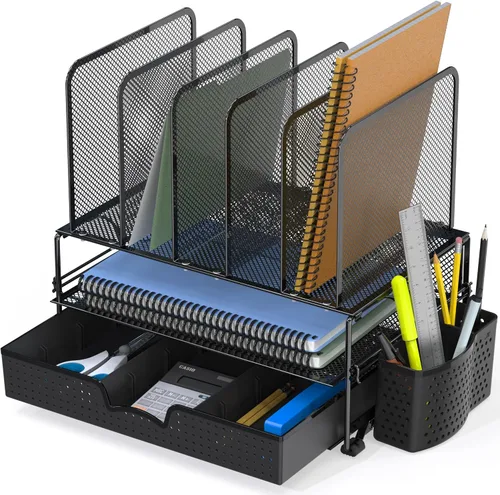 Miniatura 5 de Organizador de escritorio SimpleHouseware de malla con cajón deslizante, doble bandeja y 5 secciones verticales, color negro