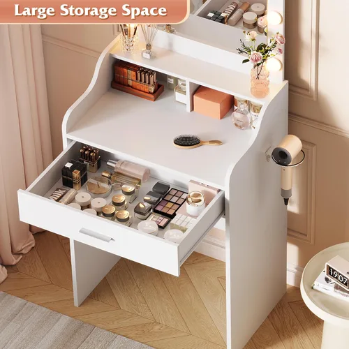 Miniatura 3 de WLIVE Escritorio de tocador con espejo y luces, mesa de maquillaje con cajón, armario y estantes abiertos, tocador de dormitorio con estación