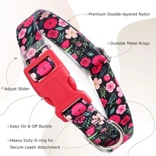 Miniatura 3 de Collar para Perras con Flores Rojas, Collar Lindo para Perras con Hebilla de Liberación Rápida y Collar Cómodo Ajustable para Mascotas para Perros