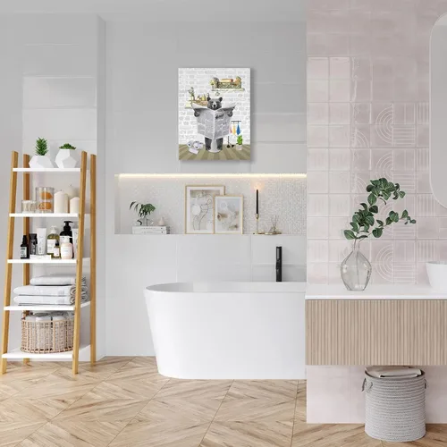 Miniatura 4 de Fuzawet Arte de pared de oso para decoración de baño, lienzo de lectura de periódico, negro en el inodoro, imágenes divertidas de animales