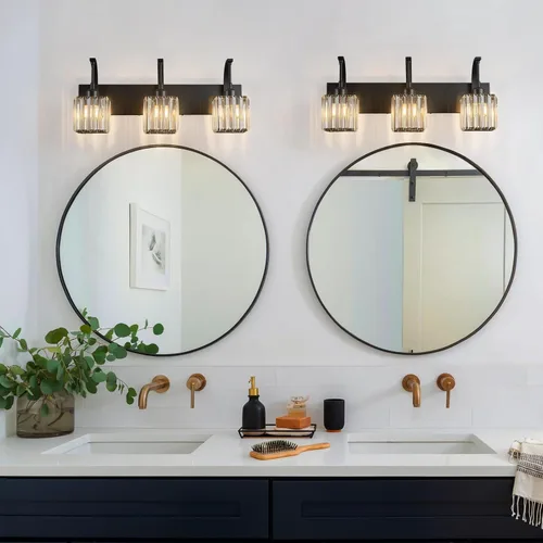 Miniatura 3 de Luces de tocador de cristal de 3 luces negras para tocador de baño, modernas lámparas de baño de cristal sobre espejo de 23.62 pulgadas de largo