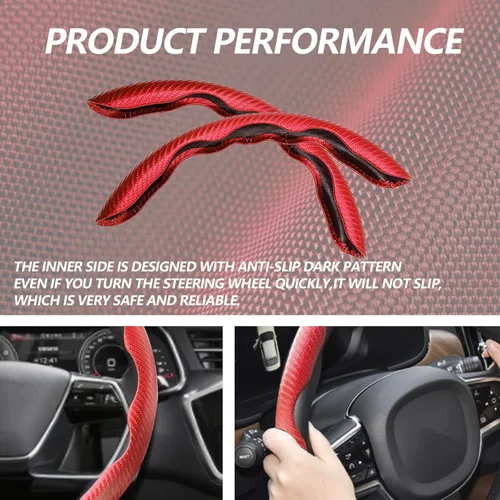 Miniatura 6 de 2 piezas Fundas de Volante de Fibra de Carbono de Ajuste Universal, Funda de Volante Antideslizante/Protector de Volante Segmentado/Accesorios Rojo
