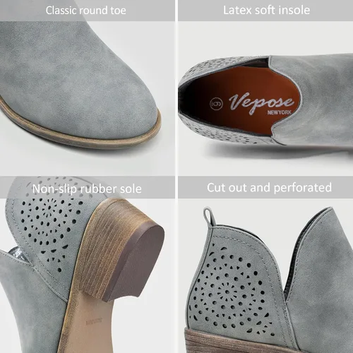 Miniatura 3 de VEPOSE botas al tobillo para mujer con tacón bajo y grueso, con perforaciones, botas de vaquero