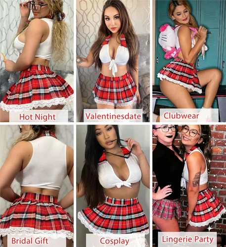 Miniatura 3 de Avidlove Conjunto de lencería sexy de dos piezas de encaje para mujer, conjunto de lencería con lazo superior y minifalda plisada