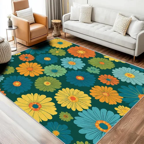 Alfombra grande retro floral de 6 x 9 pies, alfombra colorida de flores de los años 70, bonita alfombra de decoración del hogar, alfombras para sala