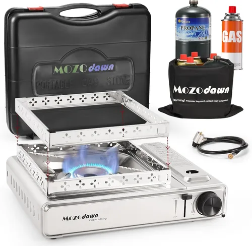 Estufa de campamento de combustible dual con compatibilidad de butano y propano, estufa de campamento portátil de 10500 BTU con funda de transporte,