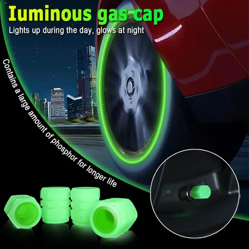 Miniatura 3 de Tapas fluorescentes para válvulas de neumáticos de auto, 12 tapas luminosas iluminadas para válvulas de rueda, resistentes a la corrosión que