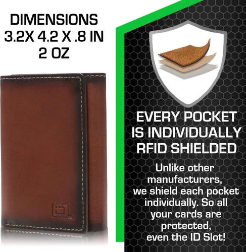 Miniatura 3 de Billetera triple con bloqueo RFID para hombre, piel auténtica de búfalo, marrón, (Antiqued Brown), Cartera RFID