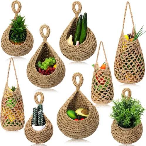 9 cestas colgantes de yute para cocina, cestas de pared tejidas estilo bohemio, almacenamiento de productos para ajo, cebolla, papa, plátano, ahorro