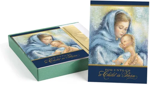 Tarjetas navideñas religiosas de la Virgen y el Niño de Masterpiece / Juego de 16 tarjetas festivas cristianas en caja con acentos de lámina dorada